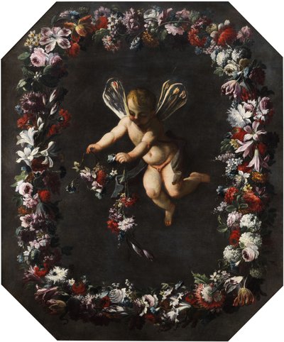 Putto mit Libellenflügeln im Blütenkranz von attributed to Giovanni Stanchi Dei Fiori